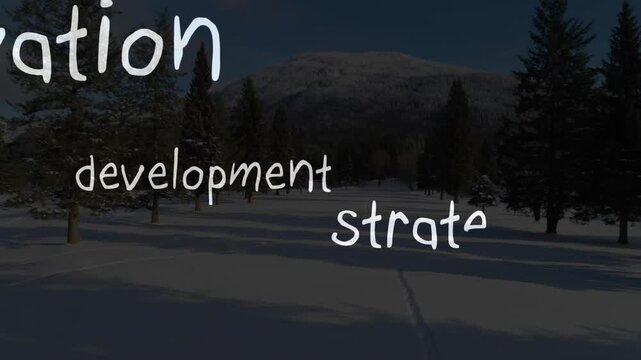Hand-drawn fragments appearing and morphing over snow trail backdrop, illustrating business plan