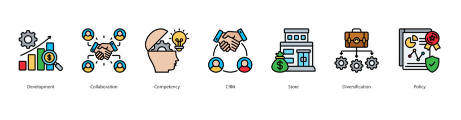 Business Growth Management Icon Set Collection Concept With Icon Of Development, Collaboration, Competency, CRM, Store, Diversification, Policy
