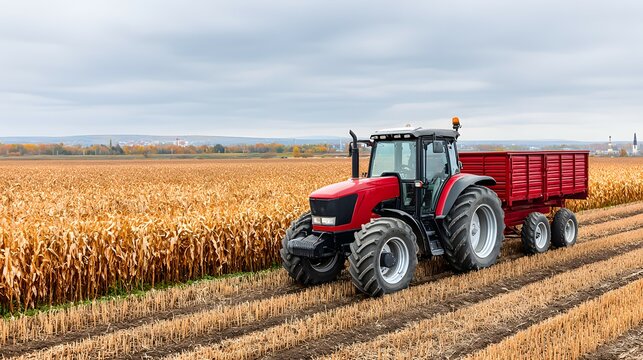 Red tractor with trailer in a field of dry crops under cloudy sky.