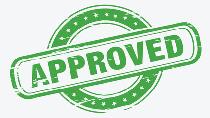 Green approved stamp with stars around the circle and rectangle shape in a white background image