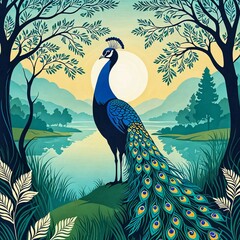 A painting of beautiful peacock on a background of serene waters and majestic mountains.