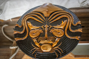 varnished headpiece, stylized mask, collage of marine animals, natural wood, handmade, teak