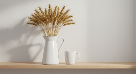 Wheat in White Pitcher with Mug on Wooden Shelf Still Life