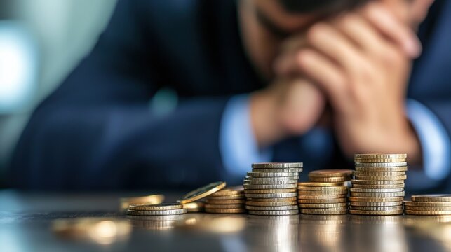 A man in a suit, with his hands clasped in front of his face, sitting at a table with a stack of coins in front of him.