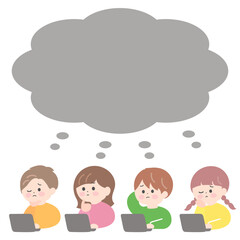 子どもたち　疑問を持つ子どもたちと雲形の吹き出しのイラスト