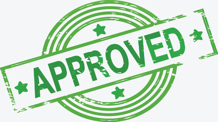 A green approved stamp with stars and concentric circles on a white background showing approval