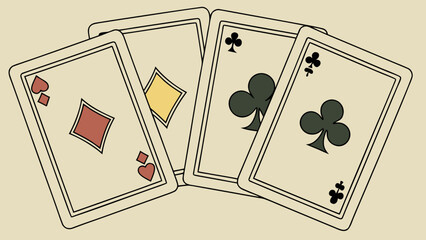 Four Vintage Playing Cards Displayed in a Fan Shape with Distinctive Suits and Numbers