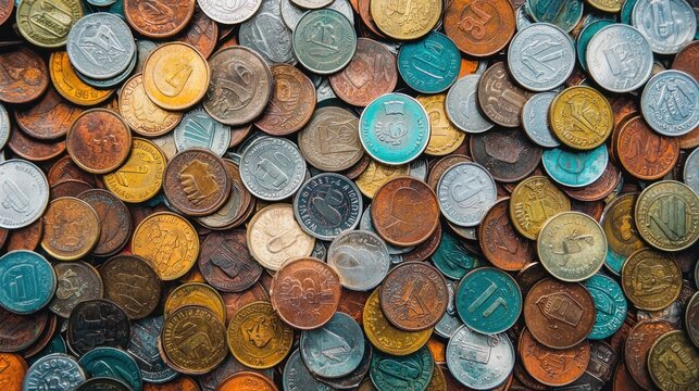 A collection of various coins, including some with symbols and designs, arranged in a pile.