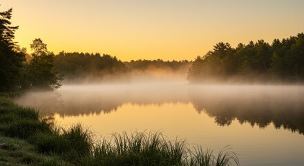 Calm Lake Reflecting Golden Sunrise Through Misty Fog Landscape