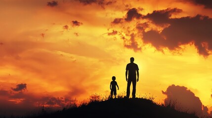 Fototapeta premium Two silhouetted figures standing on a grassy hill against a vibrant sunset sky.
