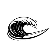 Black-and-white line art of a stylized ocean wave, with bold curves, sweeping motion, and splash details that capture energy and fluidity.