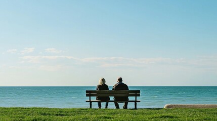 Fototapeta premium A couple sitting on a bench by the ocean, enjoying the view.