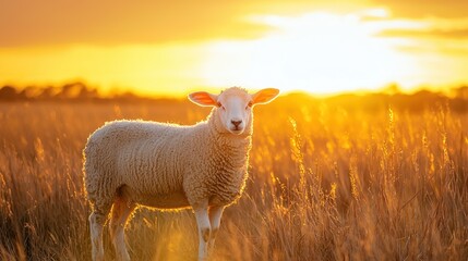 Obraz premium A sheep standing in a field of tall grass at sunset.