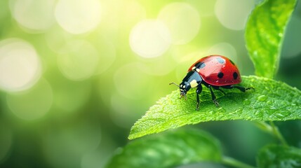 Naklejka premium A red ladybug with black spots on a green leaf, surrounded by blurred greenery and sunlight, with a blurred background of green leaves and bokeh effect.