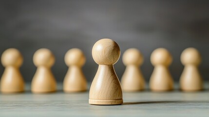 A wooden figure stands out from a row of identical wooden figures, with a blurred background that suggests a table or desk.