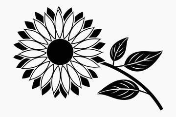 Elegant Monochrome Sunflower Vector Art with Detailed Leaves for Print and Digital Use