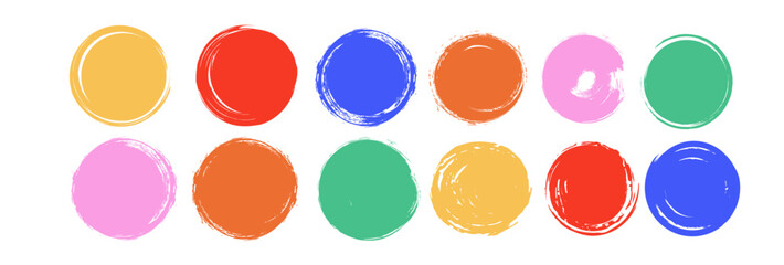 Bright children hand painted circles. Ink brush art round shapes. Vector hand drawn grungy textures set. Colorful ripped paper, distressed circles, grungy logo templates. Messy kids illustration