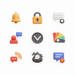 Collection of colorful, three-dimensional icons representing various digital concepts and functions.