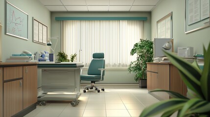 A clean and organized medical office with a green chair, plants, and a desk.