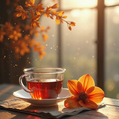 cup of tea with flowers near window
