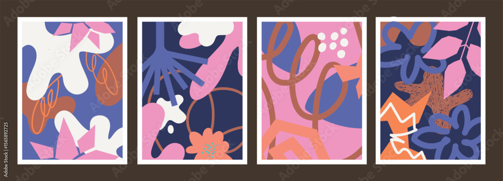 Poster Four colorful abstract botanical art prints featuring stylized shapes lines and geometric elements