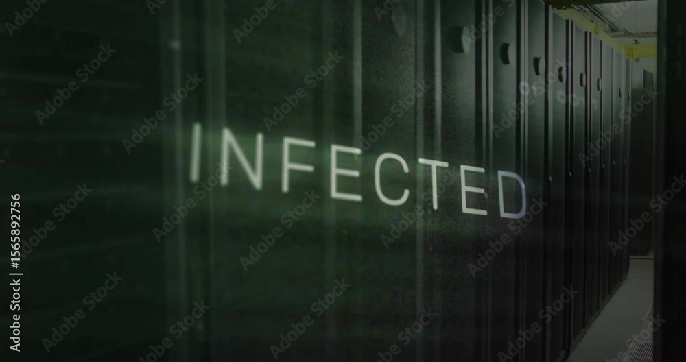 Poster faint red circuits flickering around infoq overlay morphing text into infected warning over servers