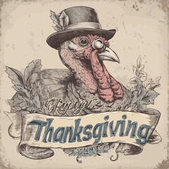 Vintage turkey gentleman with pilgrim hat and monocle in retro engraved style - perfect for Thanksgiving cards, restaurant menus, holiday marketing