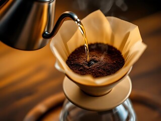 Close-up of manual pour-over coffee brewing with steam and focus on ground beans. Perfect for café visuals, brewing techniques, and lifestyle content