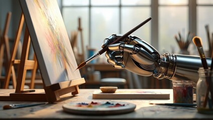 Metallic Robotic Hand Painting on Canvas in Sunlit Artist Studio