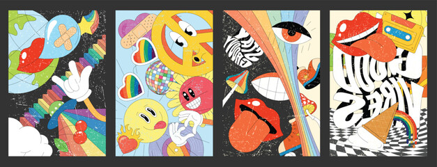 Groovy collage Earth sun eye lips and an ice cream cone in colorful pop art style