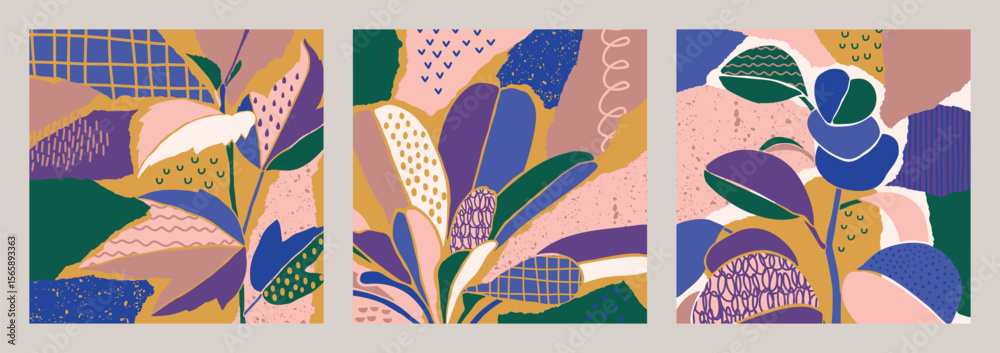 Poster Three abstract floral collages in square frames showing leaves and petals with various patterns