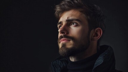 Fototapeta premium A man with a beard and mustache, wearing a black jacket, looking up against a dark background.