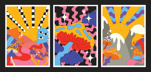 Three retro psychedelic mushroom scenes in vivid contrasting colors