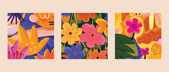 Three square floral art panels feature abstract designs with flowers and foliage in various colors on a beige background