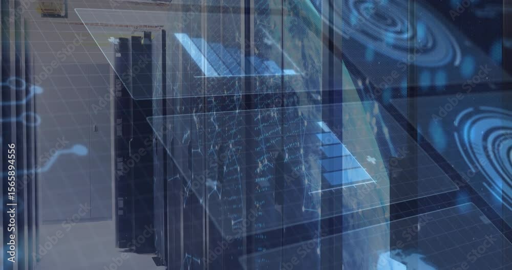 Poster projecting blue grid onto server rack tracing circuit pathways rotating interface showing data flow