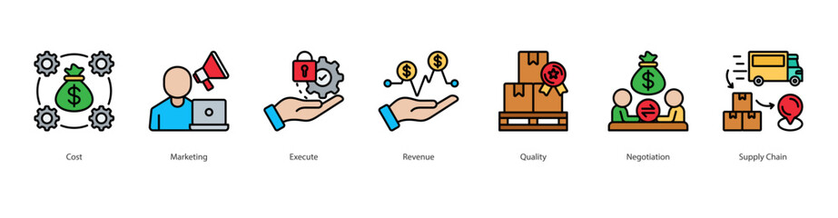 Strategic Business Execution Icon Set Collection Concept With Icon Of Cost, Marketing, Execute, Revenue, Quality, Negotiation, Supply Chain