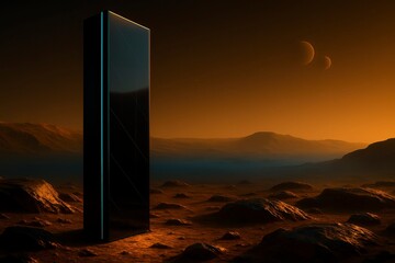 A black monolith on a rocky surface with planets in the orange sky