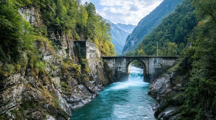 A picturesque mountain landscape with a bridge spanning a river, surrounded by lush greenery and towering mountains in the background.