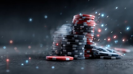 Poker chips stacked, dramatic lighting