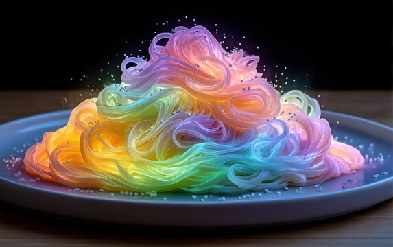 Rainbow pasta heap on plate