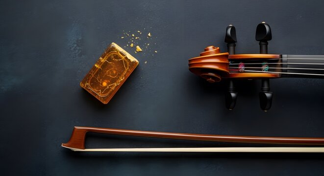 The classical music ensemble's performance essential, a block of rosin and violin bow, sits ready on a dark background.