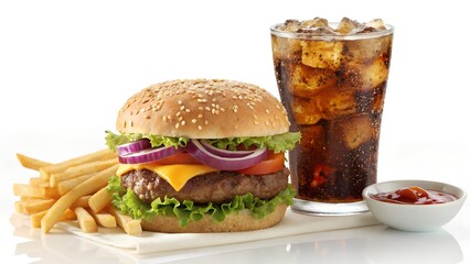 Juicy beef burger with melted cheese lettuce tomato onion and sesame seed bun served with french fries and cola