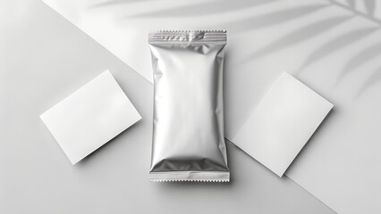 Clean silver foil snack bar wrapper mockup with two blank white cards and leaf shadows