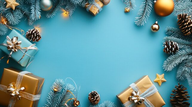 Christmas-themed decorations on a blue background. The scene includes pine branches, pine cones, and golden ornaments. The overall theme is festive and holiday-themed.