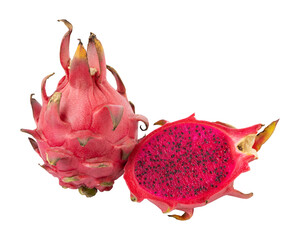 Whole and sliced red fleshed dragon fruit Isolated on transparent background