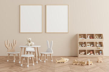 Vertical poster frames on wall in modern playroom with bunny chairs, toy shelf and soft colors