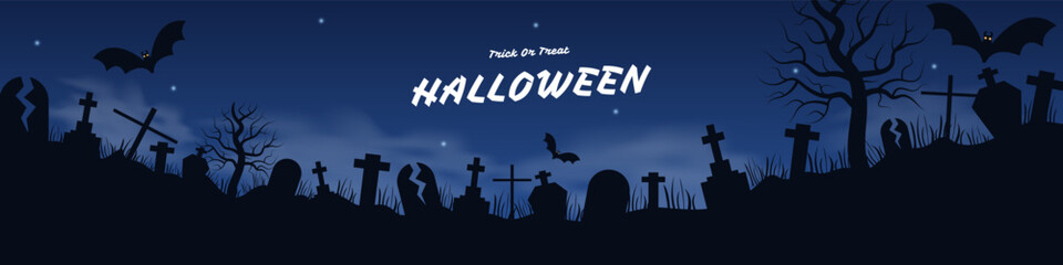 Halloween trick or treat banner with graveyard, cemetery, bats, sky. Autumn holiday design template flat style dark blue, black background. Vector illustration