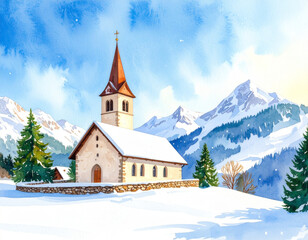 Watercolor painting of a snow-covered church in the Alps against a backdrop of snow-capped mountains and a blue sky.