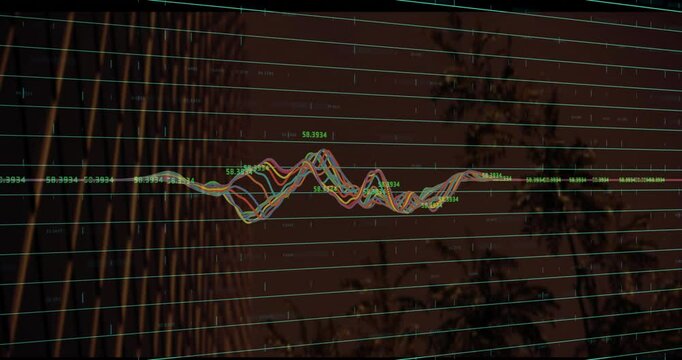 Frame one lines rising into oscillating multi-colored waveform showing amplitude via green labels