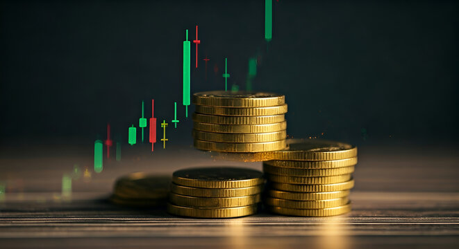 Financial investment and trading concept. Stacks of gold coins with a forex candlestick chart on a dark background. - Powered by Adobe